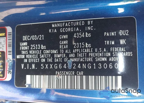 2022 Kia K5 Gt-Line из США, поврежденный, VIN 5XXG64J24NG130602